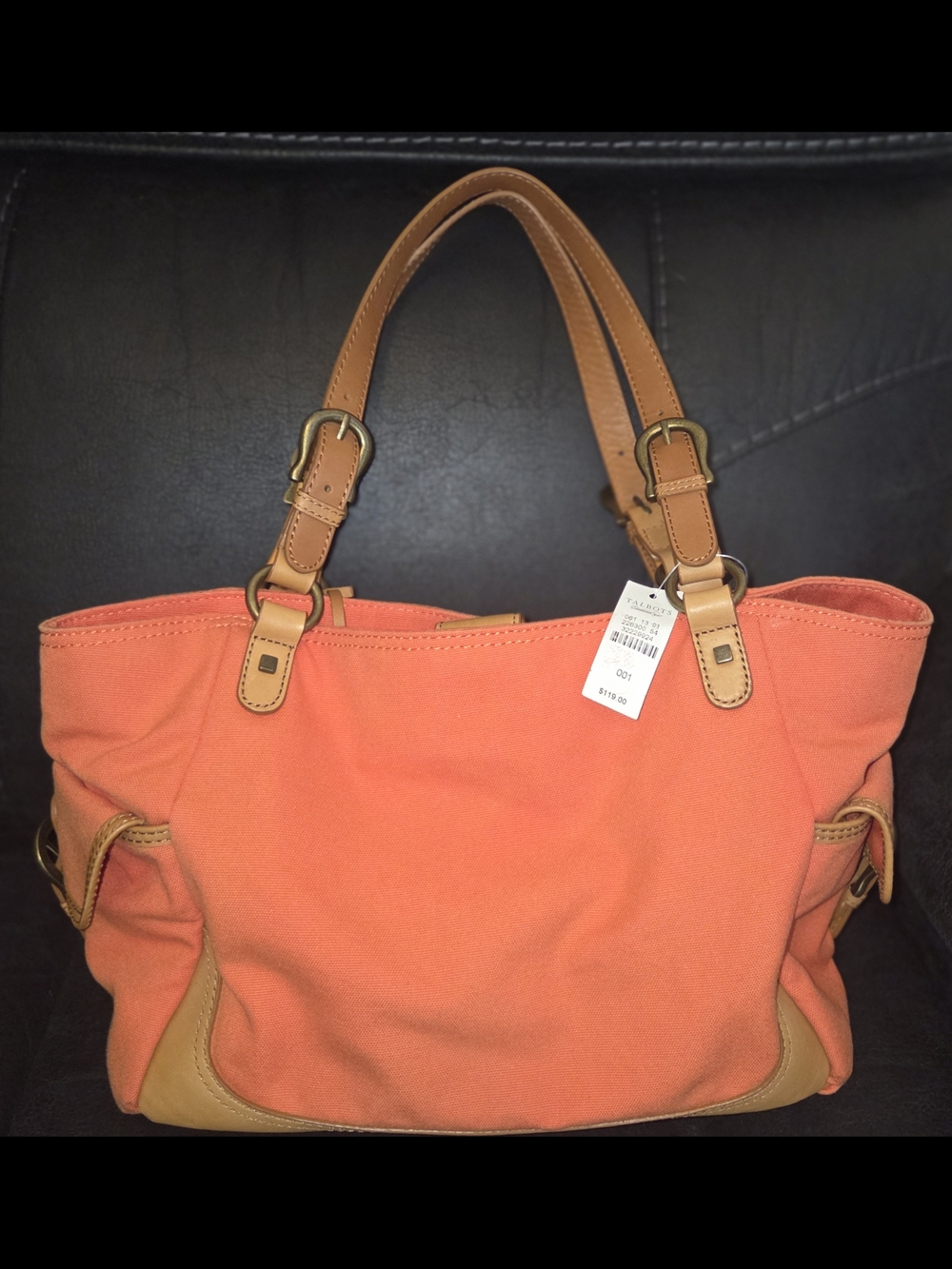 NWT Talbots Coral Canvas Tote with Tan Trim Size 14.5" x 8.5"